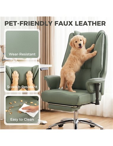 HOMCOM Executive Office Chair, Reclining Desk Chair with Footrest, Adjustable Armrests, Pet Friendly Faux Leather, Green