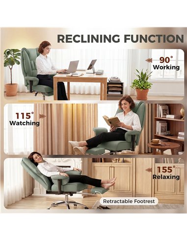 HOMCOM Executive Office Chair, Reclining Desk Chair with Footrest, Adjustable Armrests, Pet Friendly Faux Leather, Green