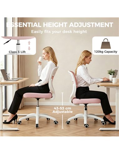 HOMCOM Office Chair, Armless Computer Desk Chair with Breathable Mesh, Adjustable Height, Swivel Wheels, Pink