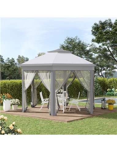 Outsunny 4x3.4m Hexagon Pop Up 2-Roof Gazebo with Netting, Grey
