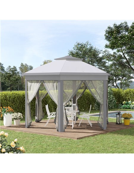 Outsunny 4x3.4m Hexagon Pop Up 2-Roof Gazebo with Netting, Grey - pic 19178 | FastDaddyshop