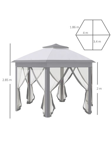 Outsunny 4x3.4m Hexagon Pop Up 2-Roof Gazebo with Netting, Grey