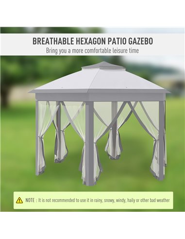 Outsunny 4x3.4m Hexagon Pop Up 2-Roof Gazebo with Netting, Grey