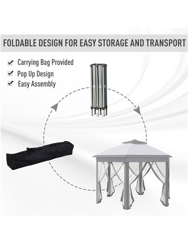 Outsunny Hexagon Patio Gazebo Pop Up Gazebo Outdoor Double Roof Instant Shelter with Netting, 4m x 3.4m, Grey