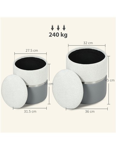 HOMCOM Nesting Round Ottoman with Storage Set of 2 - Cream/Grey