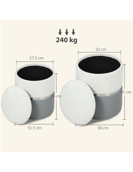 HOMCOM Nesting Round Ottoman with Storage Set of 2 - Cream/Grey - pic 191931 | FastDaddyshop