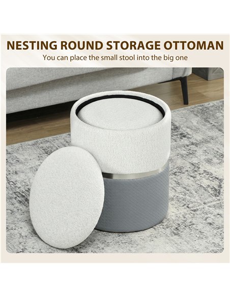 HOMCOM Nesting Round Ottoman with Storage Set of 2 - Cream/Grey - pic 191932 | FastDaddyshop
