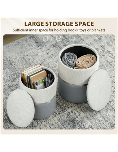 HOMCOM Nesting Round Ottoman with Storage Set of 2 - Cream/Grey
