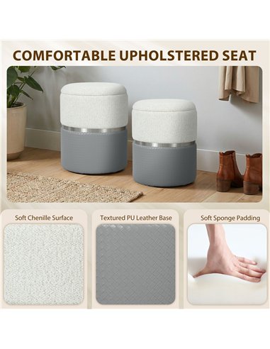HOMCOM Nesting Round Ottoman with Storage Set of 2 - Cream/Grey
