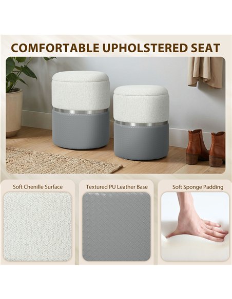 HOMCOM Nesting Round Ottoman with Storage Set of 2 - Cream/Grey - pic 191934 | FastDaddyshop
