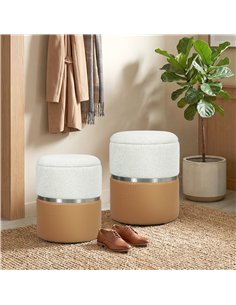 HOMCOM Nesting Round Ottoman with Storage Set of 2 - Cream/Brown 2