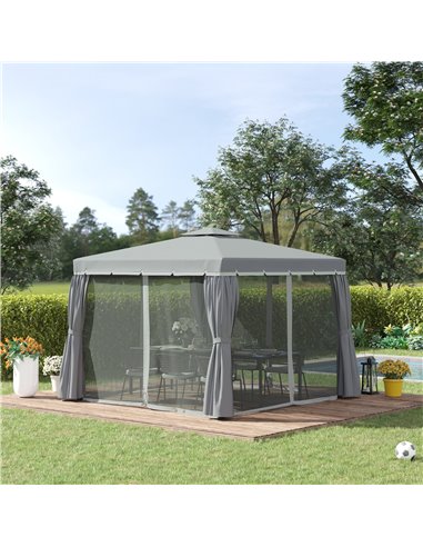 Outsunny 3x3m Gazebo with 2 Tier Water Repellent Roof, Netting and Curtains, Dark Grey