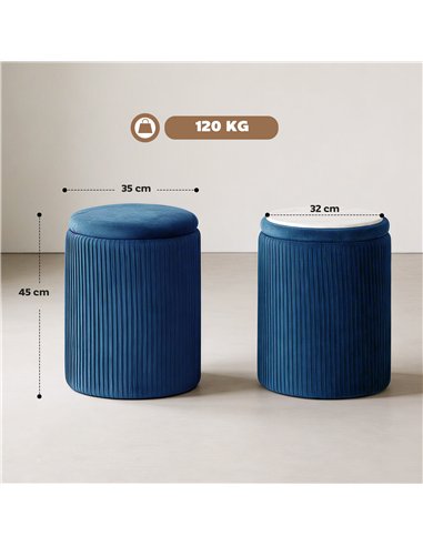 HOMCOM Storage Ottoman Modern Velvet Round Foot Stool for Living Room Bedroom 45 cm Blue