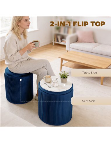 HOMCOM Storage Ottoman Modern Velvet Round Foot Stool for Living Room Bedroom 45 cm Blue