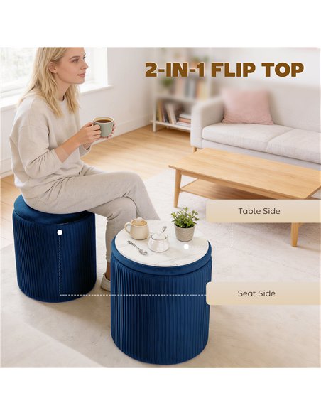 HOMCOM Storage Ottoman Modern Velvet Round Foot Stool for Living Room Bedroom 45 cm Blue - pic 191968 | FastDaddyshop
