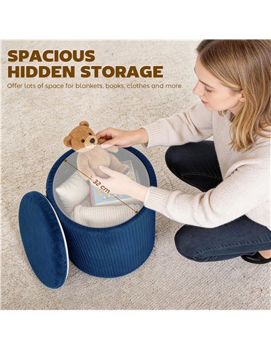HOMCOM Storage Ottoman Modern Velvet Round Foot Stool for Living Room Bedroom 45 cm Blue