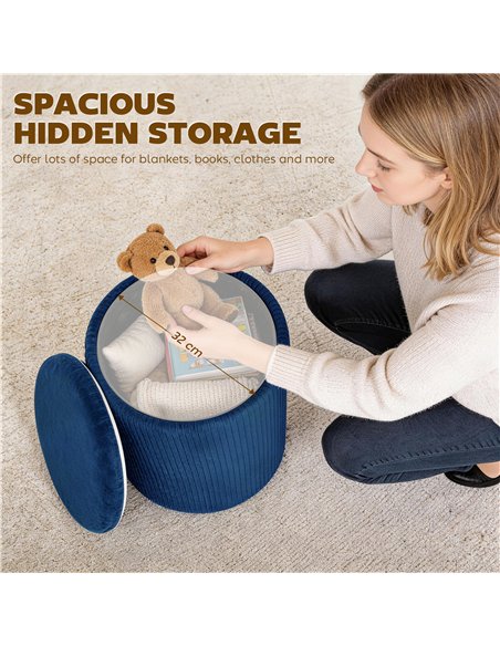 HOMCOM Storage Ottoman Modern Velvet Round Foot Stool for Living Room Bedroom 45 cm Blue - pic 191969 | FastDaddyshop