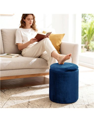 HOMCOM Storage Ottoman Modern Velvet Round Foot Stool for Living Room Bedroom 45 cm Blue
