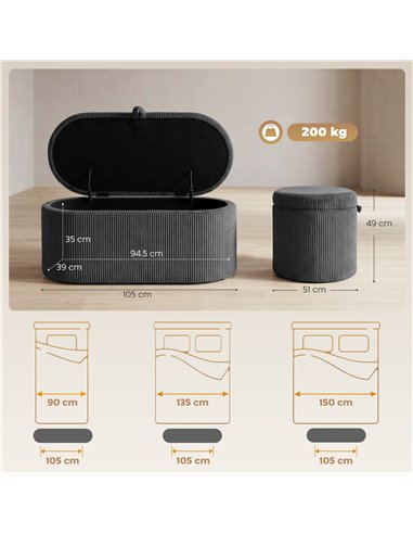 HOMCOM Storage Ottoman, Corduroy Upholstered Ottoman Storage Box with Padded Seat, 105 x 51 x 49 cm, Dark Grey