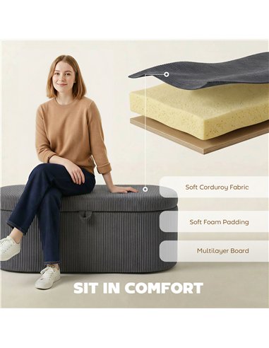 HOMCOM Storage Ottoman, Corduroy Upholstered Ottoman Storage Box with Padded Seat, 105 x 51 x 49 cm, Dark Grey