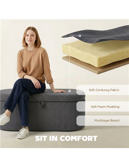 HOMCOM Storage Ottoman, Corduroy Upholstered Ottoman Storage Box with Padded Seat, 105 x 51 x 49 cm, Dark Grey - pic 191978 | FastDaddyshop