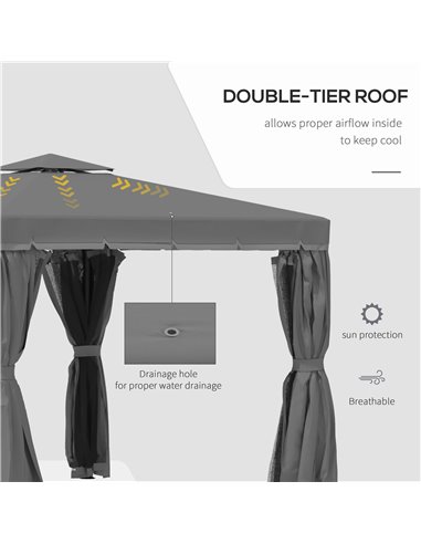 Outsunny 3x3m Gazebo with 2 Tier Water Repellent Roof, Netting and Curtains, Dark Grey