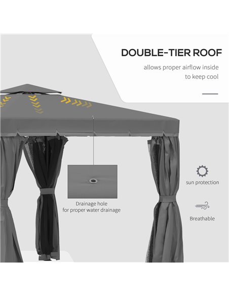 Outsunny 3x3m Gazebo with 2 Tier Water Repellent Roof, Netting and Curtains, Dark Grey - pic 19198 | FastDaddyshop
