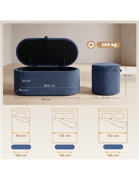 HOMCOM Storage Ottoman, Corduroy Upholstered Ottoman Storage Box with Padded Seat, 105 x 51 x 49 cm, Blue - pic 191985 | FastDaddyshop