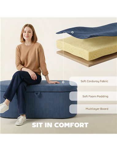 HOMCOM Storage Ottoman, Corduroy Upholstered Ottoman Storage Box with Padded Seat, 105 x 51 x 49 cm, Blue