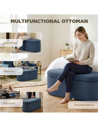 HOMCOM Storage Ottoman, Corduroy Upholstered Ottoman Storage Box with Padded Seat, 105 x 51 x 49 cm, Blue