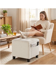 HOMCOM Small Ottoman, Square Footstool with Side Pocket, Rubber Wood Legs and Padded Seat for Living Room, Beige 2