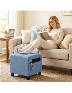 HOMCOM Small Ottoman, Square Footstool with Side Pocket, Rubber Wood Legs and Padded Seat for Living Room, Dark Blue 2