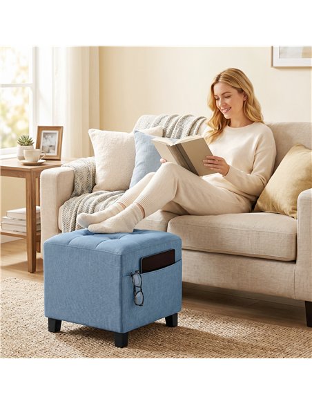 HOMCOM Small Ottoman, Square Footstool with Side Pocket, Rubber Wood Legs and Padded Seat for Living Room, Dark Blue - pic 192011 | FastDaddyshop