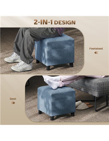 HOMCOM Small Ottoman, Square Footstool with Side Pocket, Rubber Wood Legs and Padded Seat for Living Room, Dark Blue