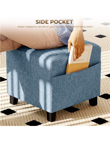 HOMCOM Small Ottoman, Square Footstool with Side Pocket, Rubber Wood Legs and Padded Seat for Living Room, Dark Blue - pic 192014 | FastDaddyshop