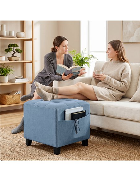 HOMCOM Small Ottoman, Square Footstool with Side Pocket, Rubber Wood Legs and Padded Seat for Living Room, Dark Blue - pic 192018 | FastDaddyshop