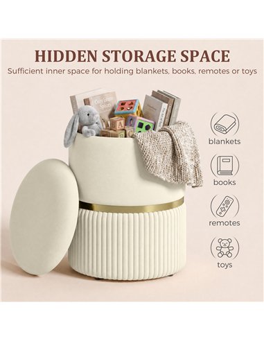 HOMCOM Round Storage Stool, Velvet-feel Fabric Upholstered Vanity Stool with Removable Top, Padded Seat and Hidden Space, Beige