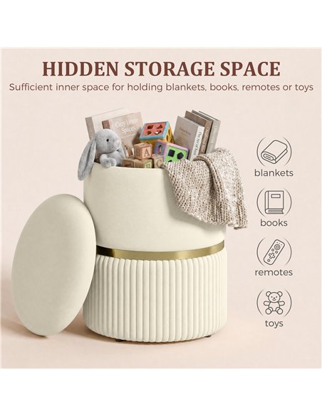HOMCOM Round Storage Stool, Velvet-feel Fabric Upholstered Vanity Stool with Removable Top, Padded Seat and Hidden Space, Beige - pic 192031 | FastDaddyshop