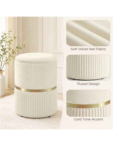 HOMCOM Round Storage Stool, Velvet-feel Fabric Upholstered Vanity Stool with Removable Top, Padded Seat and Hidden Space, Beige - pic 192032 | FastDaddyshop
