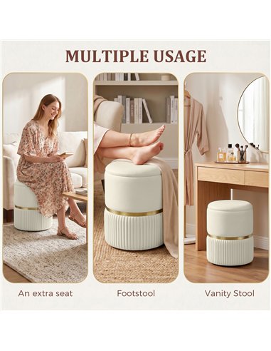 HOMCOM Round Storage Stool, Velvet-feel Fabric Upholstered Vanity Stool with Removable Top, Padded Seat and Hidden Space, Beige