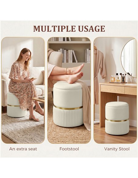 HOMCOM Round Storage Stool, Velvet-feel Fabric Upholstered Vanity Stool with Removable Top, Padded Seat and Hidden Space, Beige - pic 192033 | FastDaddyshop