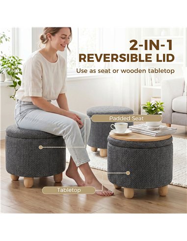 HOMCOM Storage Sitting Bench with Lid, Round Storage Ottoman with Rubberwood Legs, Dark Grey