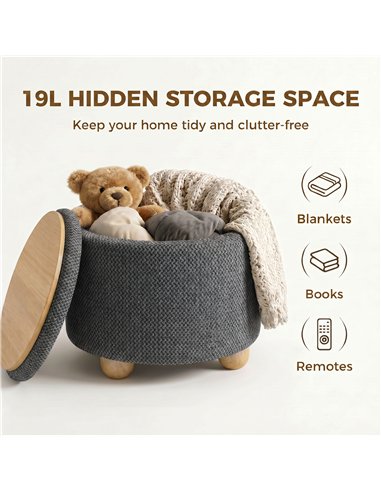 HOMCOM Storage Sitting Bench with Lid, Round Storage Ottoman with Rubberwood Legs, Dark Grey