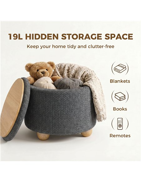 HOMCOM Storage Sitting Bench with Lid, Round Storage Ottoman with Rubberwood Legs, Dark Grey - pic 192041 | FastDaddyshop