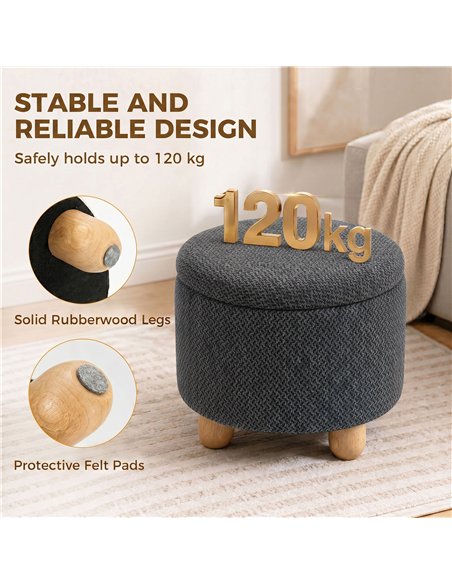 HOMCOM Storage Sitting Bench with Lid, Round Storage Ottoman with Rubberwood Legs, Dark Grey - pic 192043 | FastDaddyshop