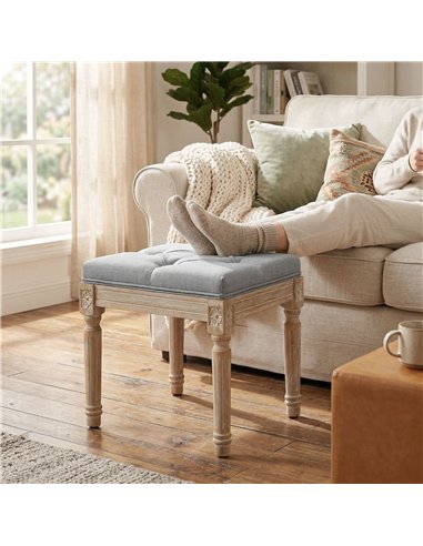 HOMCOM Vintage Foot Stool, Tufted Square Footrest with Wood Legs, Light Grey