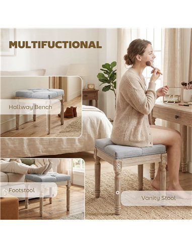 HOMCOM Vintage Foot Stool, Tufted Square Footrest with Wood Legs, Light Grey