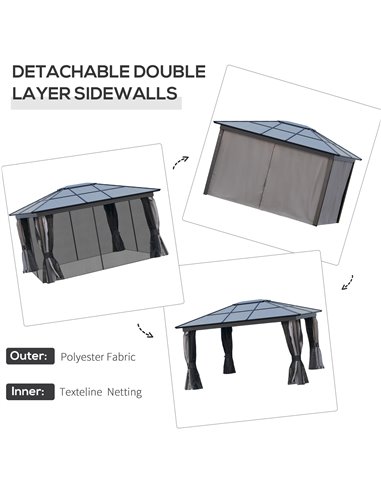 Outsunny 4x3.6m Gazebo with UV Resistant Polycarbonate Roof & Aluminium Frame, Dark Grey