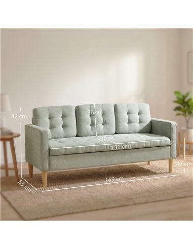 HOMCOM 3 Seater Sofa, 169cm Couch with Hidden Storage, Wood Legs, Light Grey