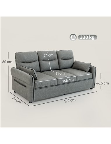 HOMCOM 3 Seater Sofa, Faux Leather Couch - Grey